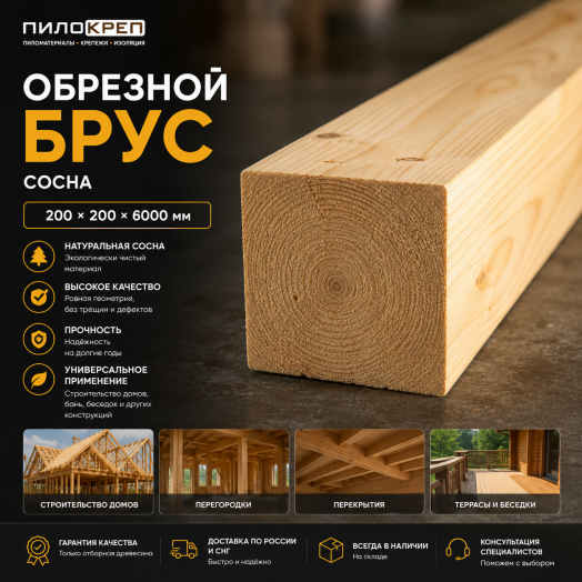 Обрезной брус из хвои 200х200х6000мм ГОСТ Обрезной брус из хвои 200х200х6000мм ГОСТ